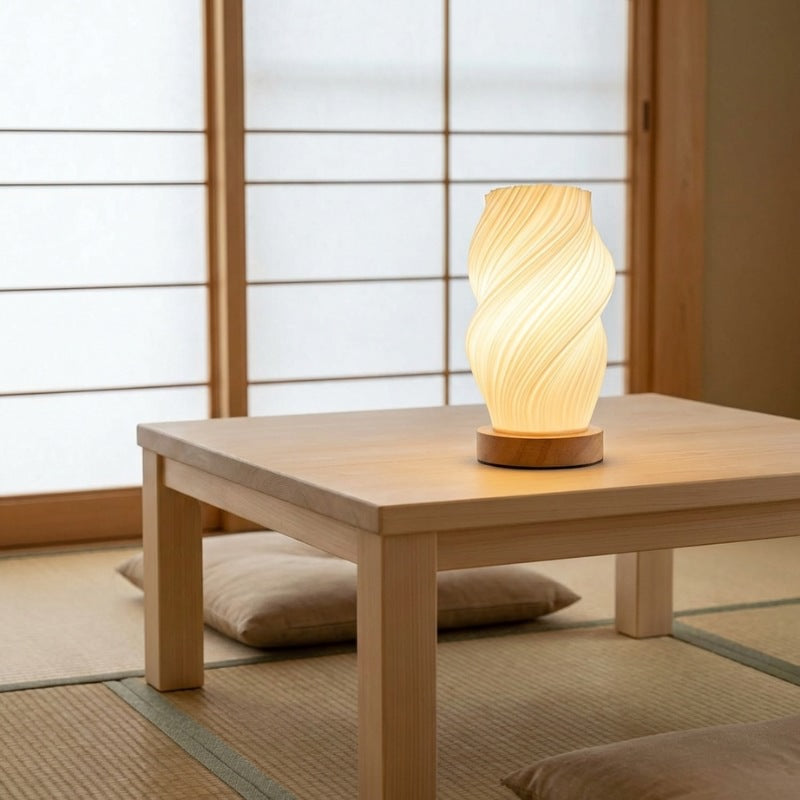 Elegant japanese lamp table spiral with warm white glow and wooden base on chabudai in tatami room