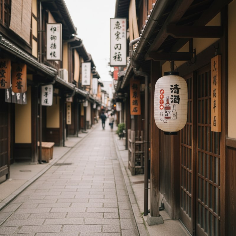 White japanese lantern floating above historic district street with traditional wooden buildings and shop banners in daylight
