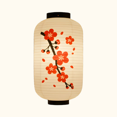 Traditional japanese lantern flower with cherry blossom branch pattern in red and black on cream paper displayed on white background