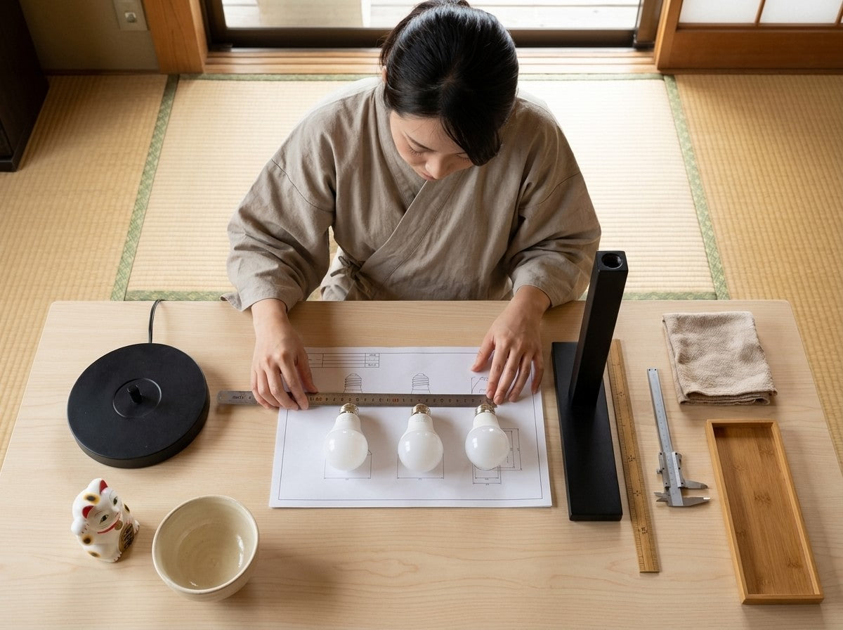 Overhead workshop shot measuring three LED bulbs for a Japanese lantern with a ruler on a scale blueprint, wooden tray and calipers arranged on the table