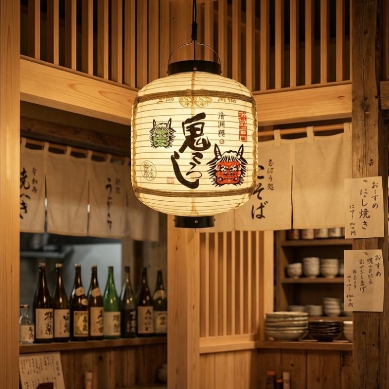 Illuminated japanese lantern outdoor oni featuring bold calligraphy and colorful demon masks hanging in authentic restaurant setting with wooden architecture