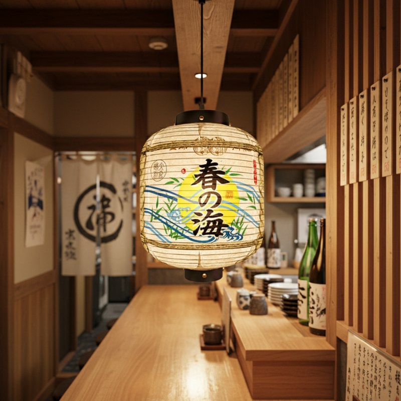 Glowing japanese lantern paper chochin design with spring ocean calligraphy and flowing wave motifs illuminating traditional izakaya interior with sake bottles and wooden shelves