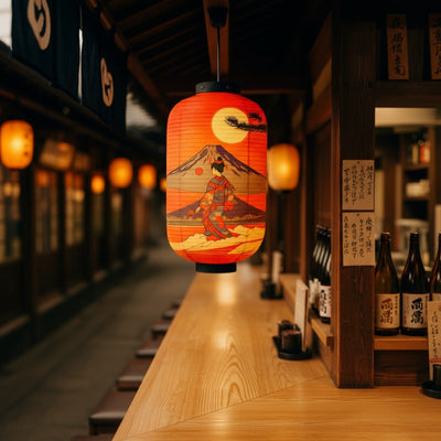 Vibrant orange japanese lantern traditional featuring geisha and Mount Fuji sunset scene hanging in izakaya with wooden interior and sake display