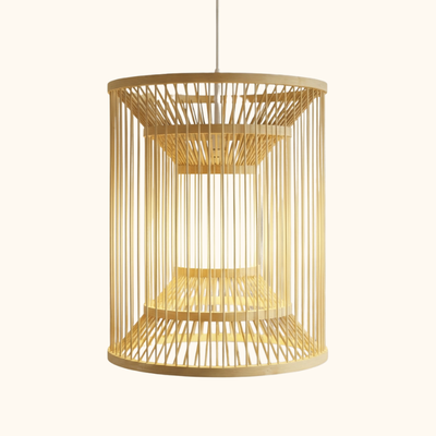 Japanese light ceiling natural bamboo cage pendant with cylindrical open weave design displayed on neutral background