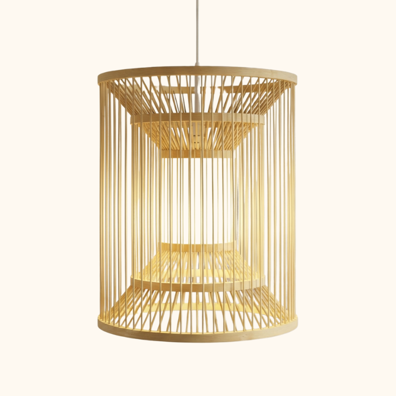 Japanese light ceiling natural bamboo cage pendant with cylindrical open weave design displayed on neutral background