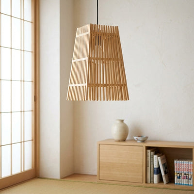 Japanese light pendant fixture bamboo cone with slatted design in zen room near shoji screen and low wooden storage cabinet