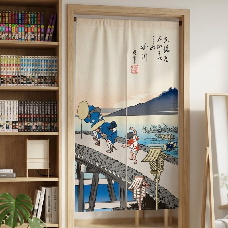 Japanese long noren curtain Hiroshige Kakegawa bridge ukiyo-e print hanging in modern bedroom with manga bookshelf