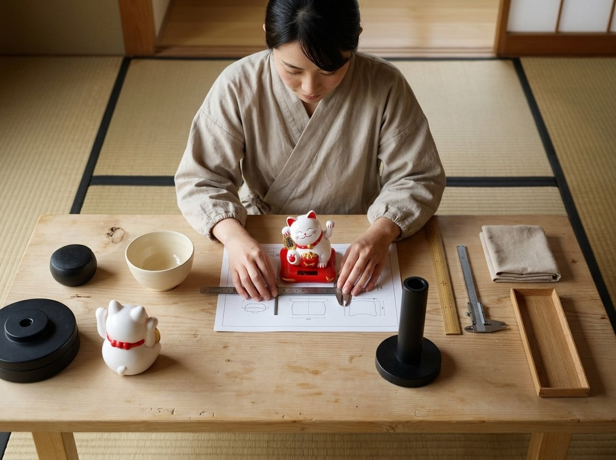 Overhead workshop shot measuring a small white Japanese maneki neko on its red solar-powered base with a ruler, blueprint, second maneki neko figurine and tools nearby