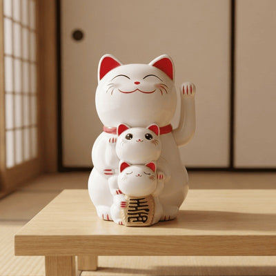 White japanese maneki neko solar family trio waving on wooden table in traditional interior with shoji screen and natural lighting