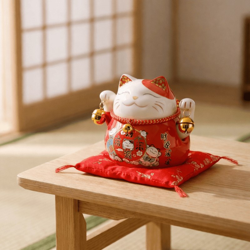 Festive japanese maneki neko statue in red ceramic with golden bells and raised paws greeting visitors on red cushion atop wooden table in tatami room