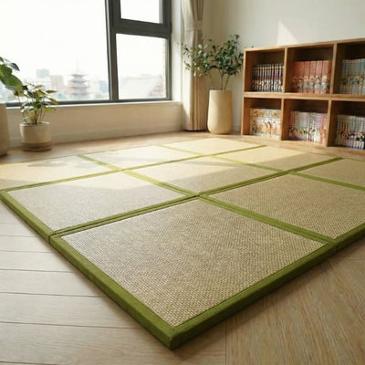 Japanese mat floor arrangement with green bordered rattan tiles near window with pagoda view bookshelf and indoor plants
