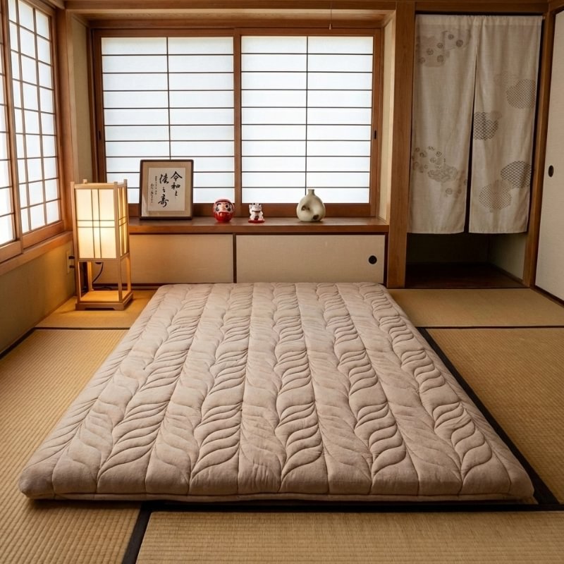 Japanese mat futon with wave pattern on tatami in traditional room with shoji screen calligraphy daruma and wooden shelf