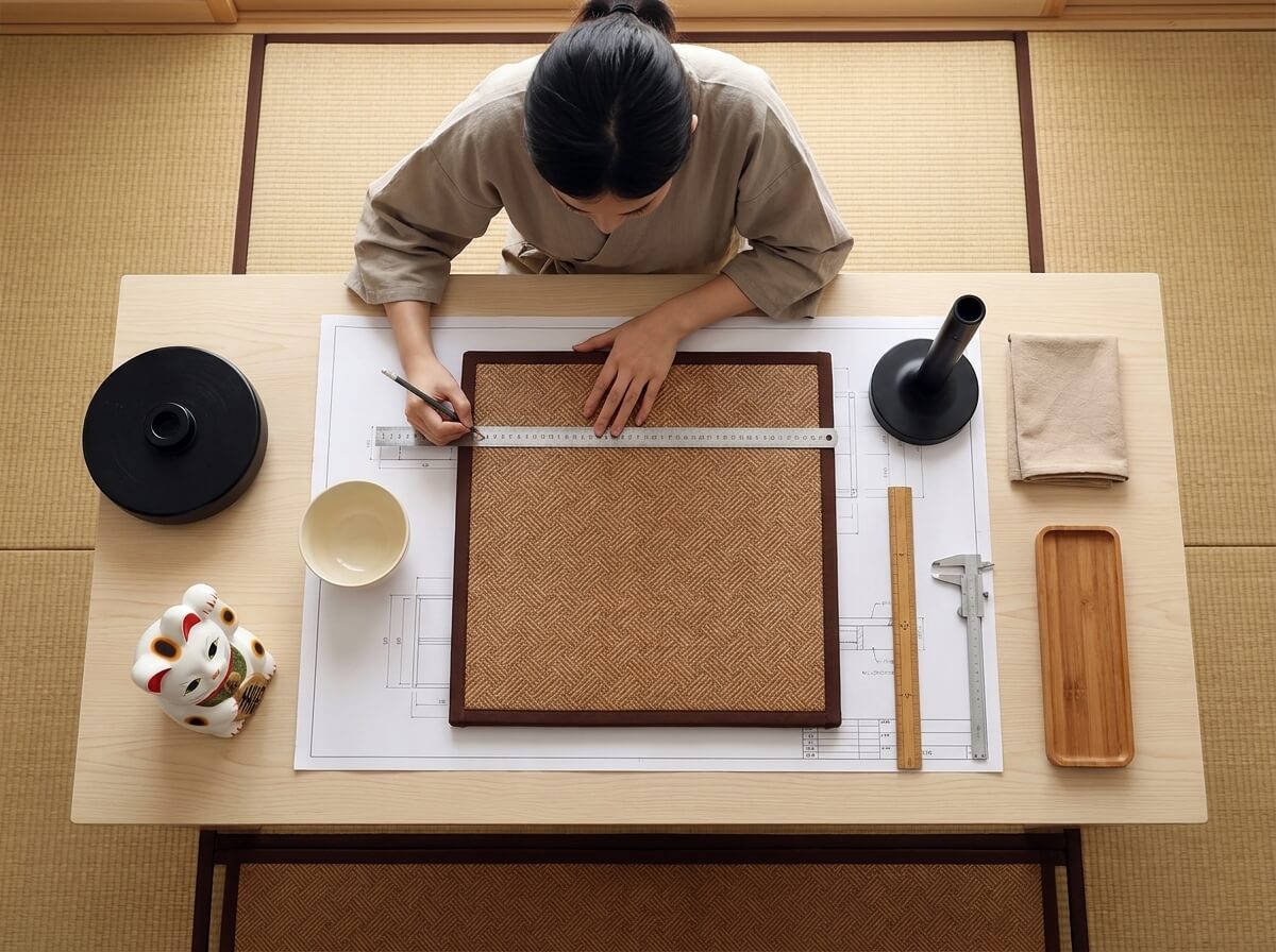 Overhead view of a woven brown japanese mat square with a diagonal herringbone pattern and dark wood border, measured against its blueprint with craft tools