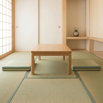 Japanese mat tatami flooring surrounding low wooden table in traditional room with fusuma sliding doors shoji screen and tokonoma alcove