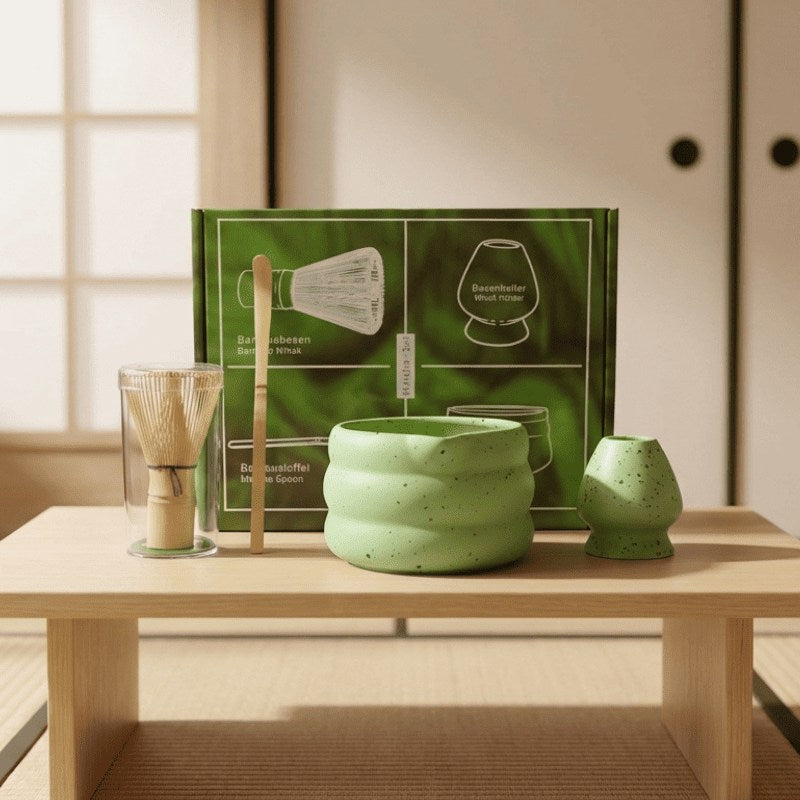 Vibrant green japanese matcha bowl set with bamboo whisk displayed on low wooden table beside shoji screen in traditional interior