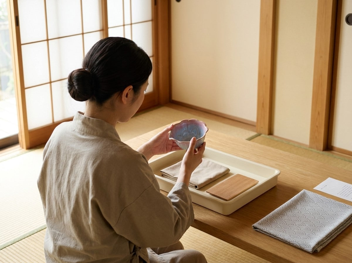 Artisan holding a Japanese matcha tea bowl with blue and pink lotus petal glaze, tray with folded cloths on the tatami room table by shoji doors