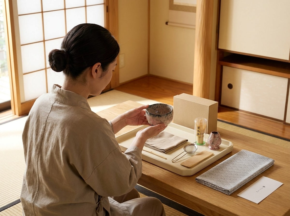 Artisan holding a pink speckled Japanese matcha bowl above a tray with bamboo whisk, sifter, spatula and kraft box, tatami room by a sunlit shoji screen