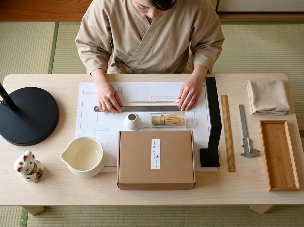 Woman in a linen apron examining a cream ceramic japanese matcha whisk set beside its kraft gift box, tray of bamboo tools set on a wooden table in a tatami room