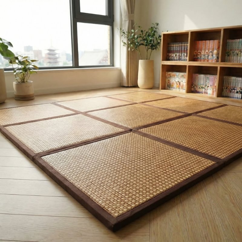 Japanese mattress tatami tiles in mixed natural tones near window with pagoda view bookshelf and indoor plants