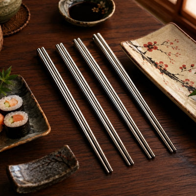 Five pairs of japanese metal chopsticks laid flat on a dark wooden table alongside maki rolls and a cherry blossom ceramic plate