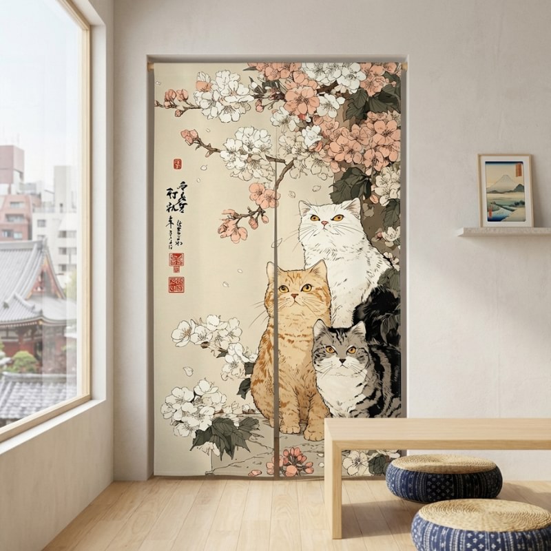 Decorative japanese noren cat with three cats and cherry blossom motif hanging in doorway of modern Japanese living room with tatami cushions and Hokusai print on wall shelf