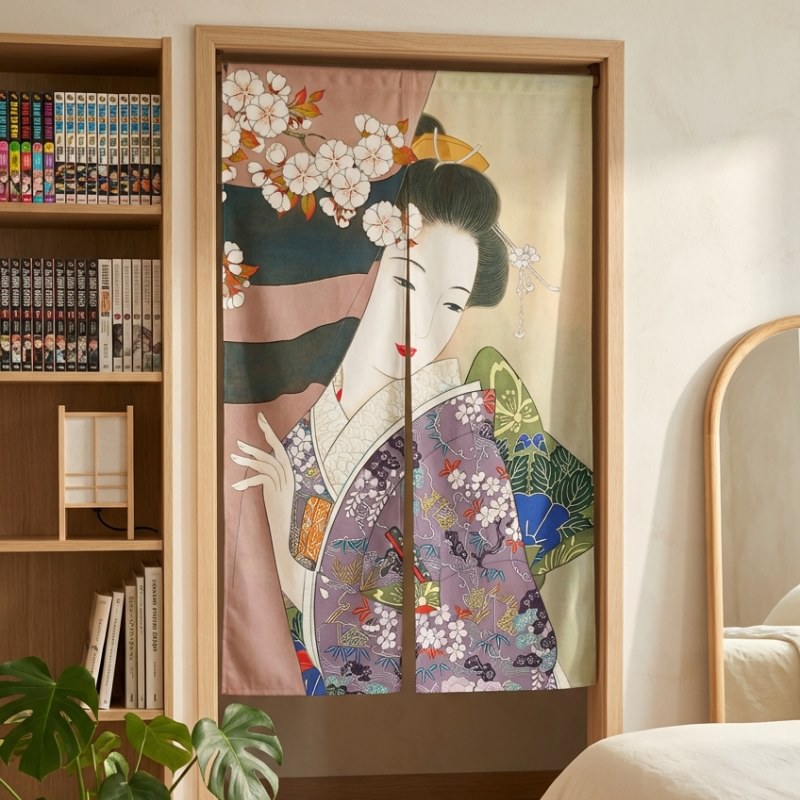 Japanese noren curtain geisha with elegant maiko in purple floral kimono cherry blossom branches and hair ornaments displayed in modern bedroom doorway with manga bookshelf and round mirror