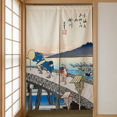 Japanese noren curtain long Hiroshige Kakegawa travelers on bridge installed in traditional room with shoji sliding doors