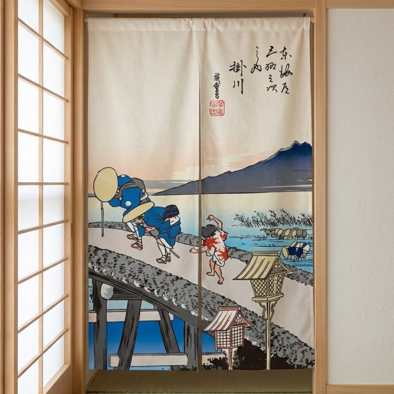 Japanese noren curtain long Hiroshige Kakegawa travelers on bridge installed in traditional room with shoji sliding doors
