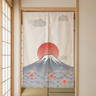 Japanese noren curtain with Mount Fuji rising sun sakura and seigaiha waves hanging in authentic tatami room doorway with shoji screens and light wood frame