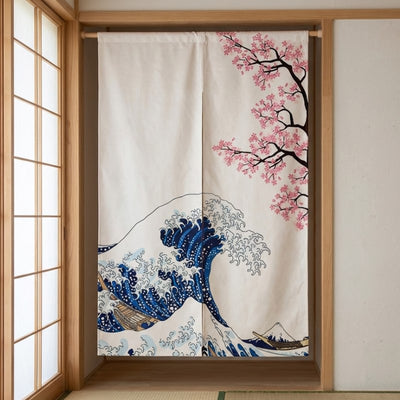 Authentic japanese noren curtains with Hokusai Great Wave and sakura blossoms hanging in traditional tatami room doorway with light wood shoji screen panels on both sides