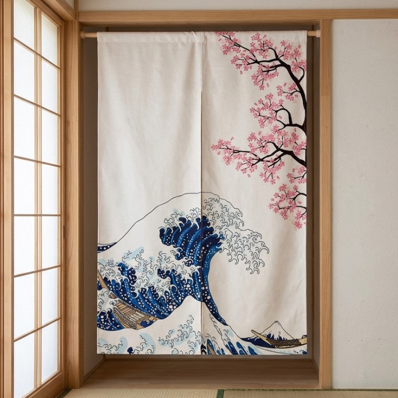 Authentic japanese noren curtains with Hokusai Great Wave and sakura blossoms hanging in traditional tatami room doorway with light wood shoji screen panels on both sides