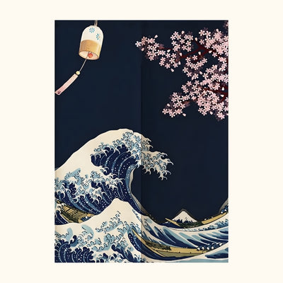 Japanese noren door curtain great wave with bold navy Hokusai Great Wave pink sakura tree and decorative furin wind chime on clean white background
