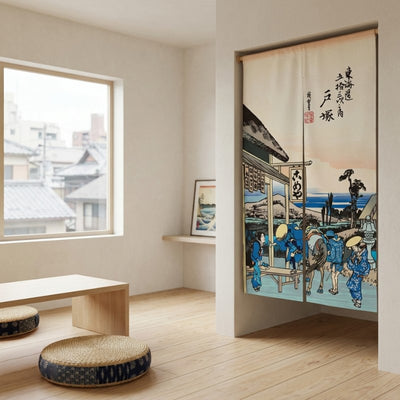 Japanese noren door curtain street Hiroshige Tokaido scene in minimalist room with low wooden table and floor cushions