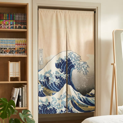 Japanese noren door curtain wave with Hokusai Great Wave boats and kanji cartouche on cream fabric hanging in modern bedroom doorway with manga bookshelf and round mirror