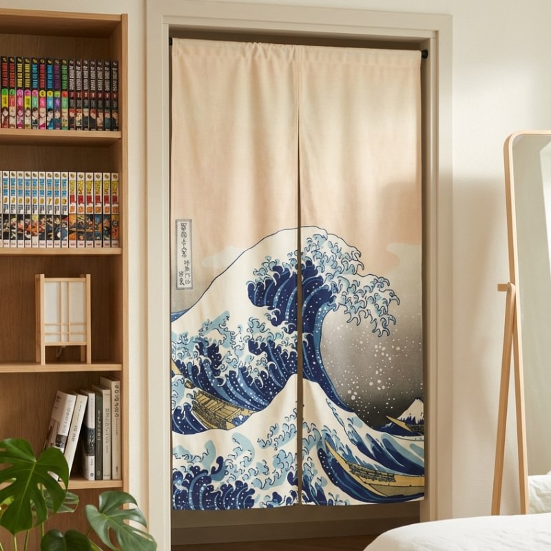 Japanese noren door curtain wave with Hokusai Great Wave boats and kanji cartouche on cream fabric hanging in modern bedroom doorway with manga bookshelf and round mirror