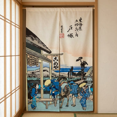 Japanese noren door curtain with Hiroshige Tokaido ukiyo-e street scene installed in traditional room with tatami and shoji doors