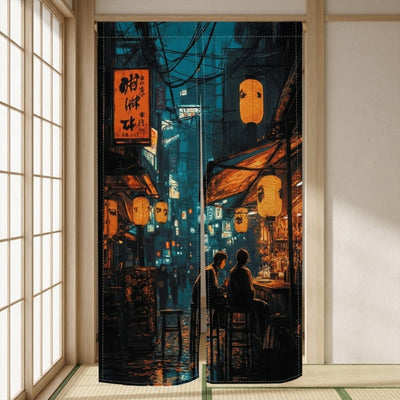 Traditional japanese noren doorway with moody Tokyo night alley golden lanterns kanji signs and couple at outdoor bar displayed in authentic tatami room with shoji screen panels