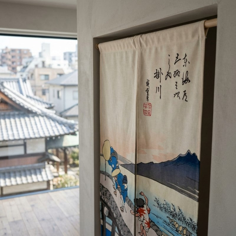 Japanese noren long curtain Hiroshige Tokaido Kakegawa scene close up near window overlooking traditional Japanese rooftops