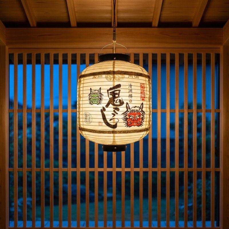 Traditional japanese oni lantern outdoor barrel with demon motifs glowing against blue wooden lattice backdrop in authentic architecture setting at dusk