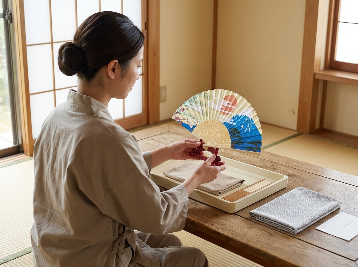 Artisan holding an open Japanese paper fan featuring a Mount Fuji landscape on its red lacquer stand, tray with folded cloths on the tatami room table by shoji doors