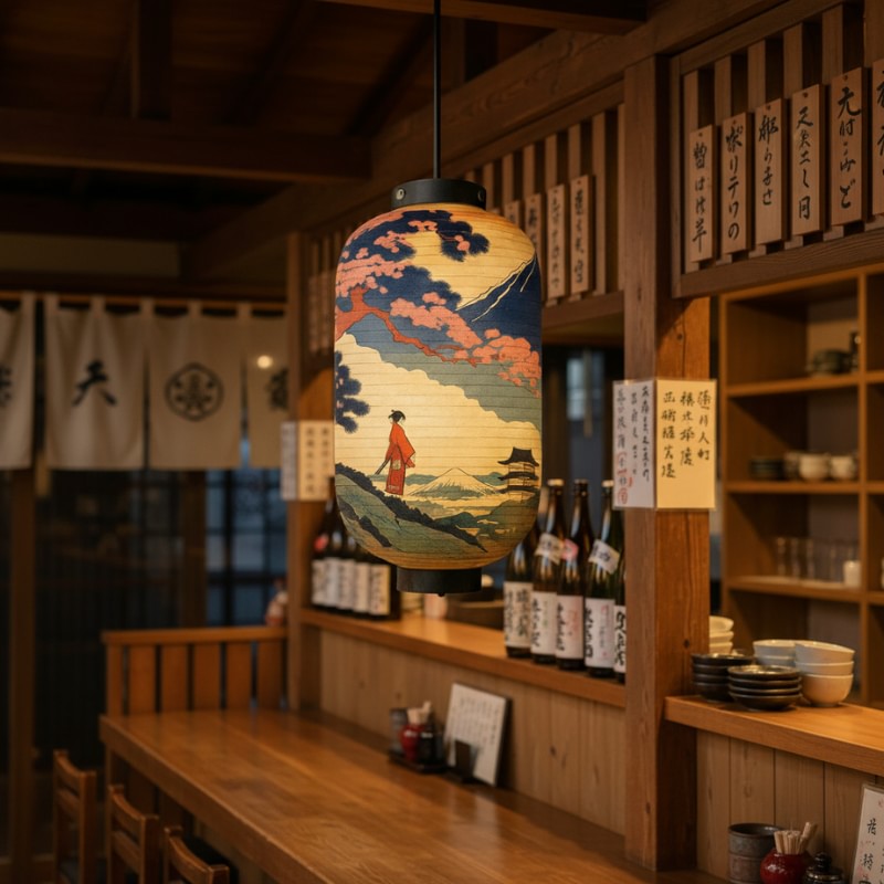 Elegant japanese paper lamp displaying geisha and cherry blossoms suspended in authentic izakaya interior with wooden shelves and sake bottles