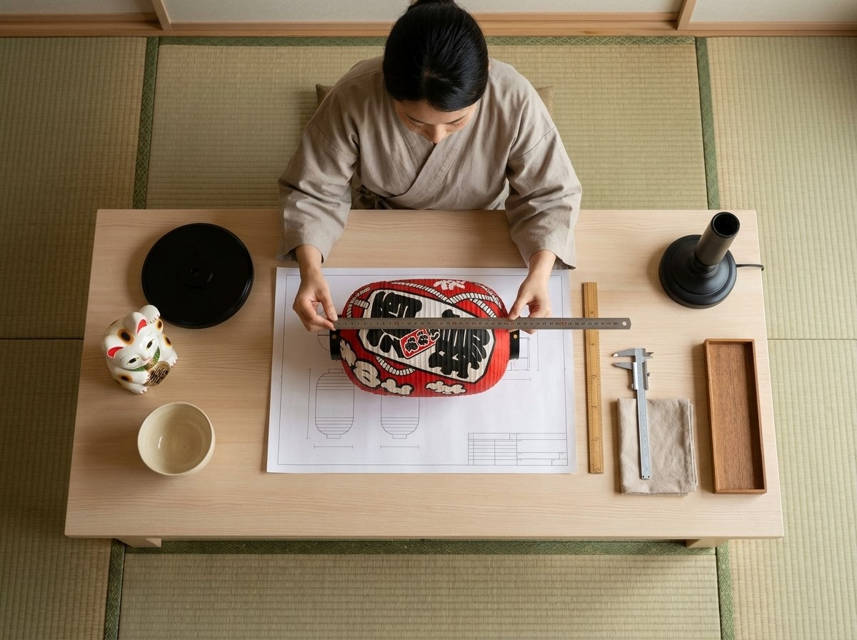Overhead craftsmanship shot measuring a traditional Japanese paper lantern with red and white printed script on a scale blueprint, maneki neko figurine and calipers nearby
