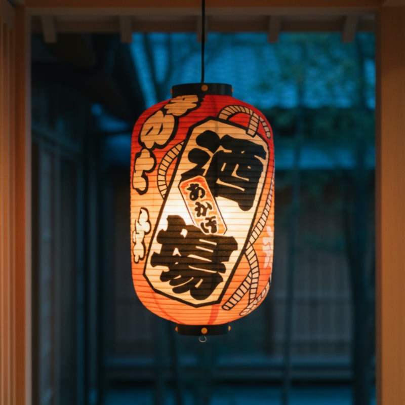 Traditional japanese paper lanterns illuminated at dusk near window overlooking serene garden with soft evening light