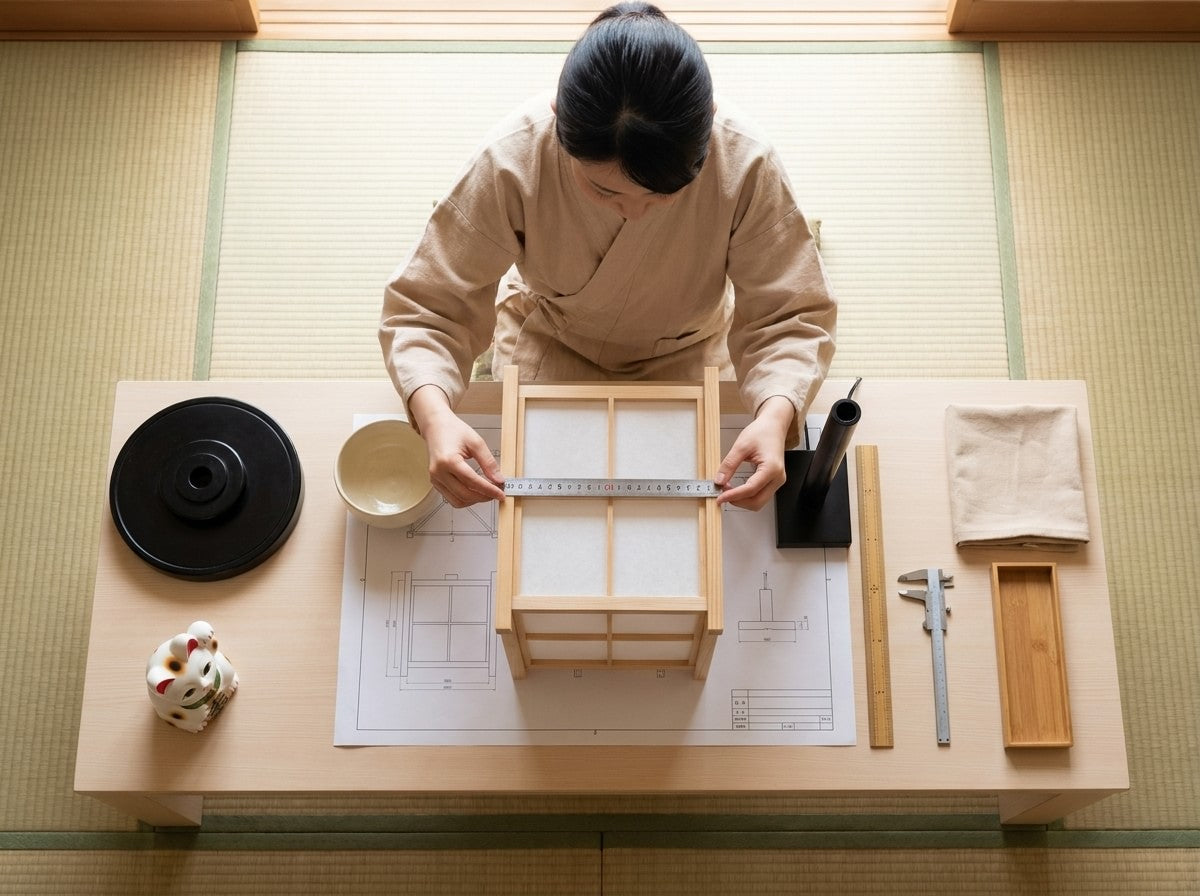 Overhead workshop shot measuring a traditional Japanese paper pendant light with square grid wooden frame on a scale blueprint, maneki neko figurine and calipers on the table