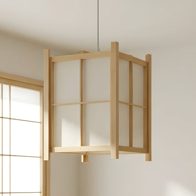 Large square japanese paper pendant light with classic grid pattern and natural wood frame near shoji screen