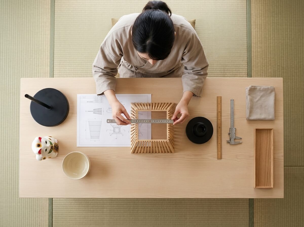 Craftsperson measuring the wooden slats of a square japanese pendant light fixture frame with a ruler and blueprint, flanked by a black lamp base, maneki neko figurine, and calipers on a maple tabletop