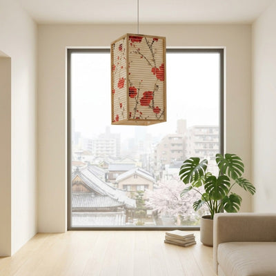 Artistic japanese pendant light sakura featuring red cherry blossom motif on horizontal slat design