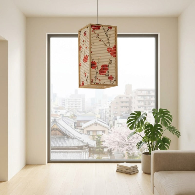Artistic japanese pendant light sakura featuring red cherry blossom motif on horizontal slat design