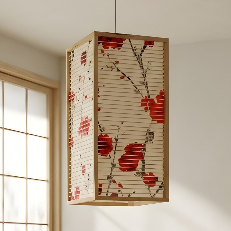 Traditional japanese pendant light with painted sakura branches near authentic shoji screen in zen interior