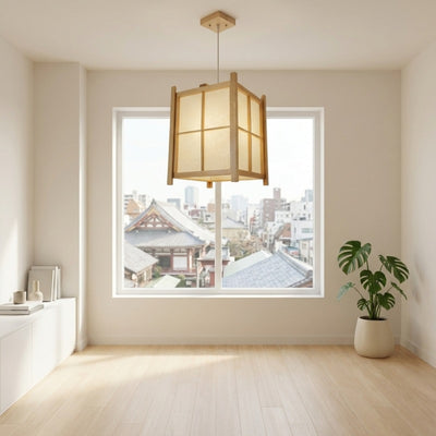 Glowing japanese pendant paper light with traditional lattice design in room overlooking authentic temple rooftops